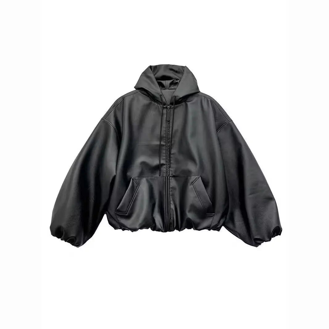 American Retro Short Hooded Jackets for  Men Autumn Winter Fashion High Street Loose PU Leather Jacket Motorcycle Jacket