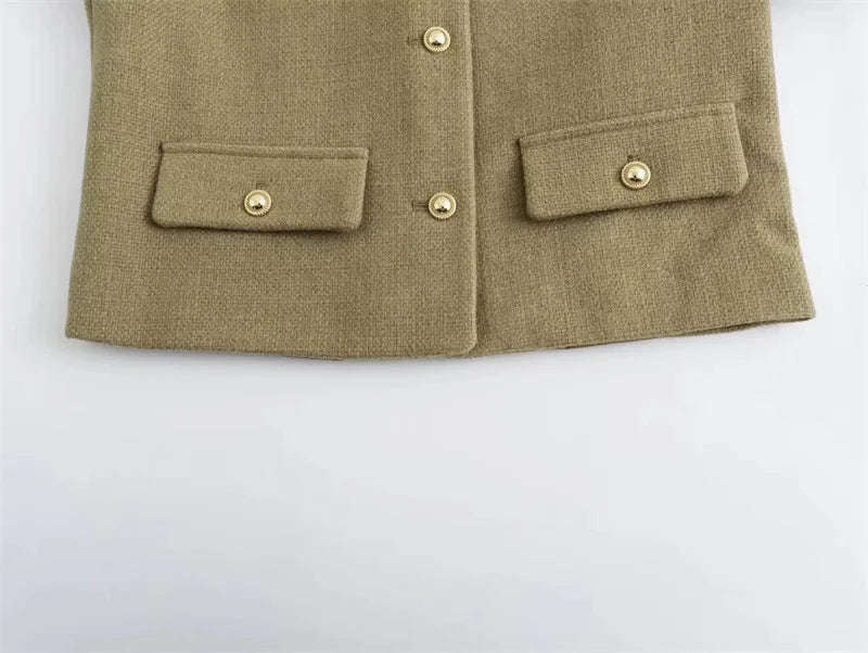 MUJER 2025 Cropped Tweed Jacket Woman Coat Button Long Sleeve Elegant Jackets For Women Short Coats Fashion New In Outerwears