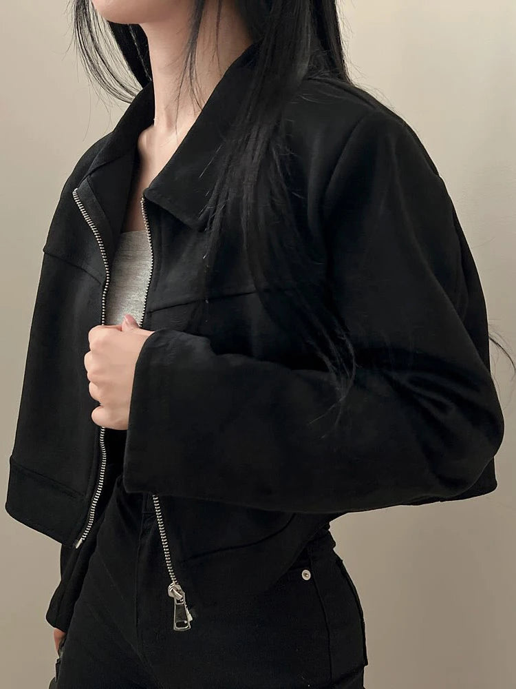 Retro Lapel Lady Short Coat Zipper Long Sleeves Patchwork Slim Fitting Jacket 2026 Spring Fall Commute Office Daily Outerwear