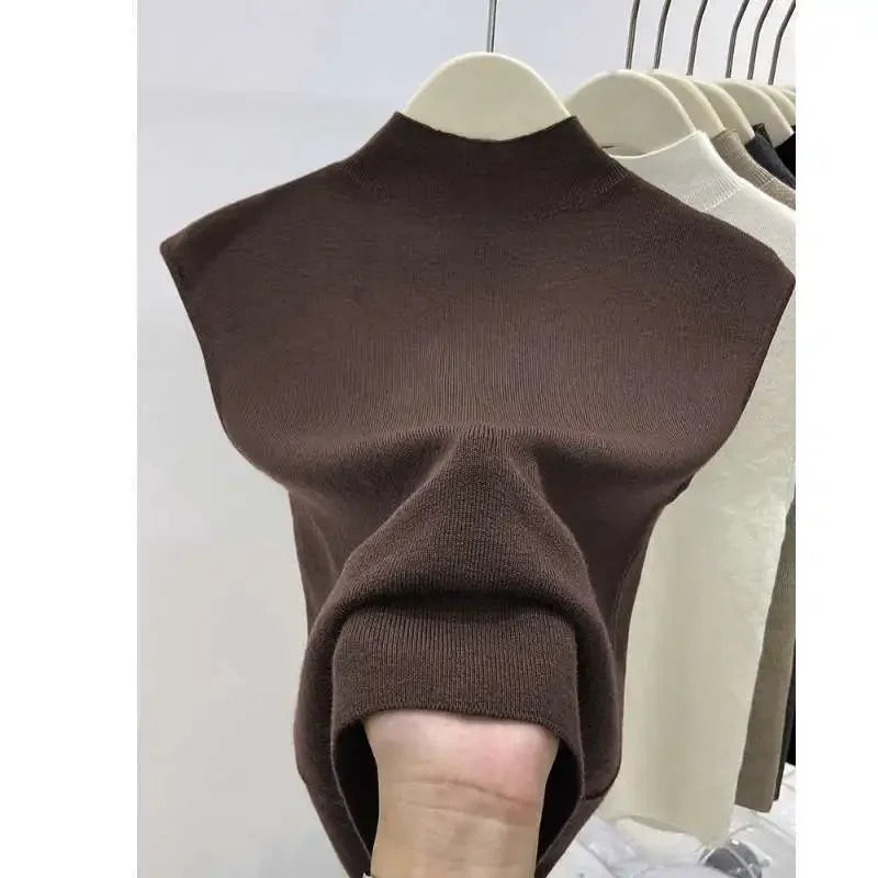 Knitted T-shirts Solid Half High Collar Sleeveless Spring Summer T Shirt For Women Fashion Basics Ropa De Mujer