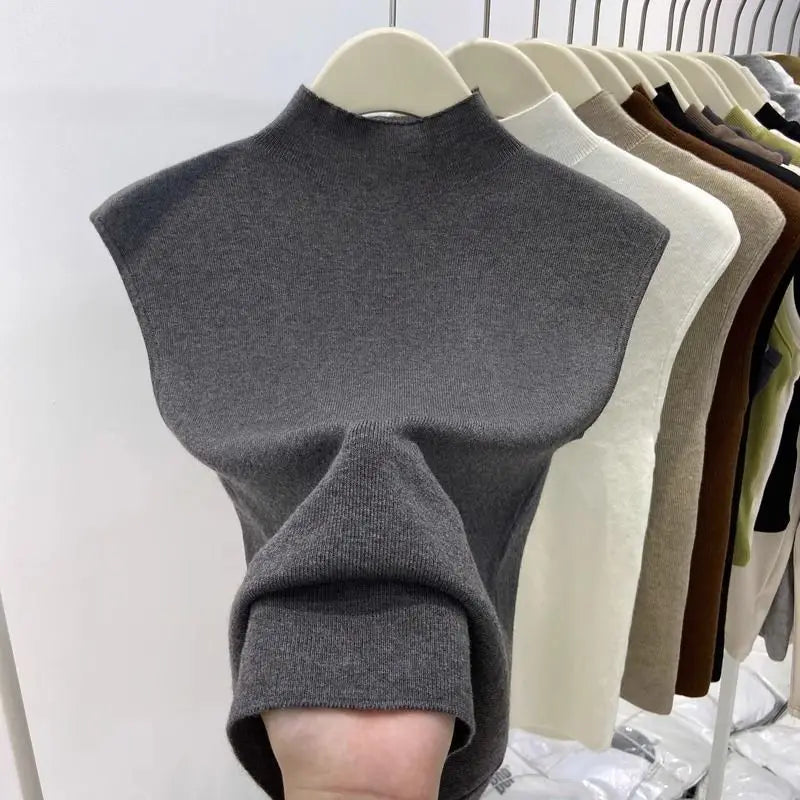 Knitted T-shirts Solid Half High Collar Sleeveless Spring Summer T Shirt For Women Fashion Basics Ropa De Mujer