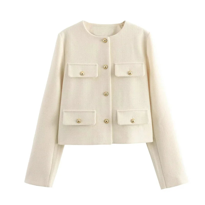 MUJER 2025 Cropped Tweed Jacket Woman Coat Button Long Sleeve Elegant Jackets For Women Short Coats Fashion New In Outerwears
