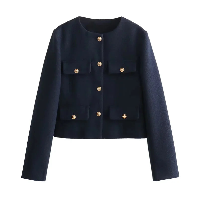 MUJER 2025 Cropped Tweed Jacket Woman Coat Button Long Sleeve Elegant Jackets For Women Short Coats Fashion New In Outerwears