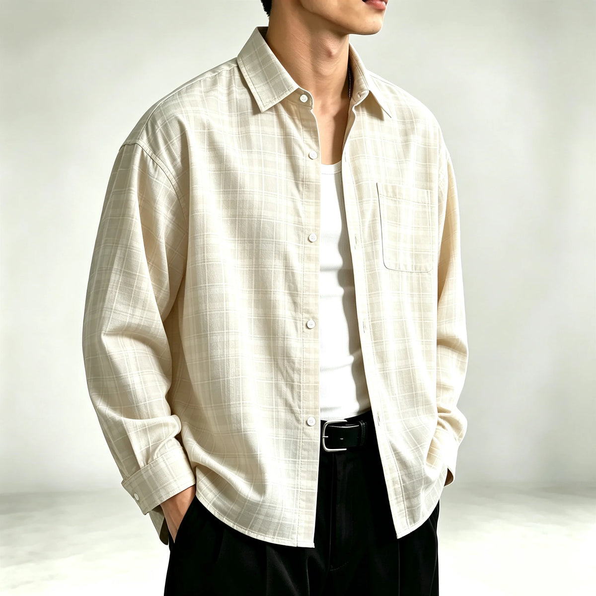 Men's Relaxed Fine-Check Plaid Shirt