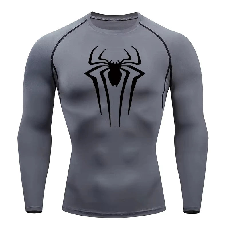 Spider Print Long Sleeve Compression Shirts for Men Gym Workout Rash Guard Undershirts Baselayers Athletic Quick Dry Tees Tops