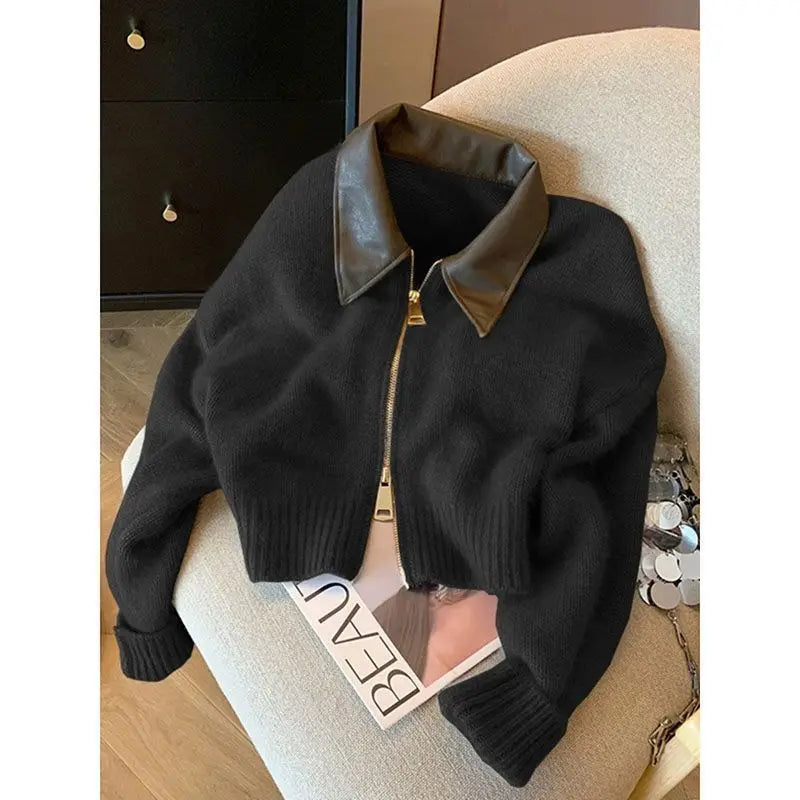 Women's Elegant Wine Red Knit Leather Lapel Collar Zip Up Ribbed Cropped Cardigan