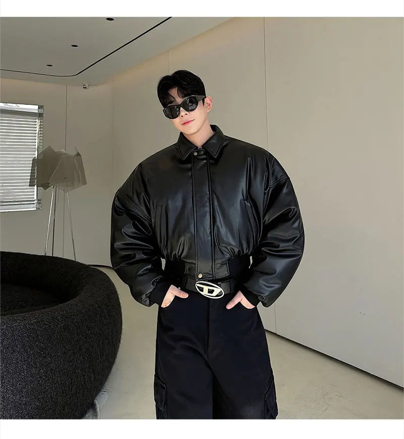 Autumn New Retro Street Short Jackets for Men Winter Korean Fashion Thick Cotton Clothing PU Leather Jacket Coats Streetwear